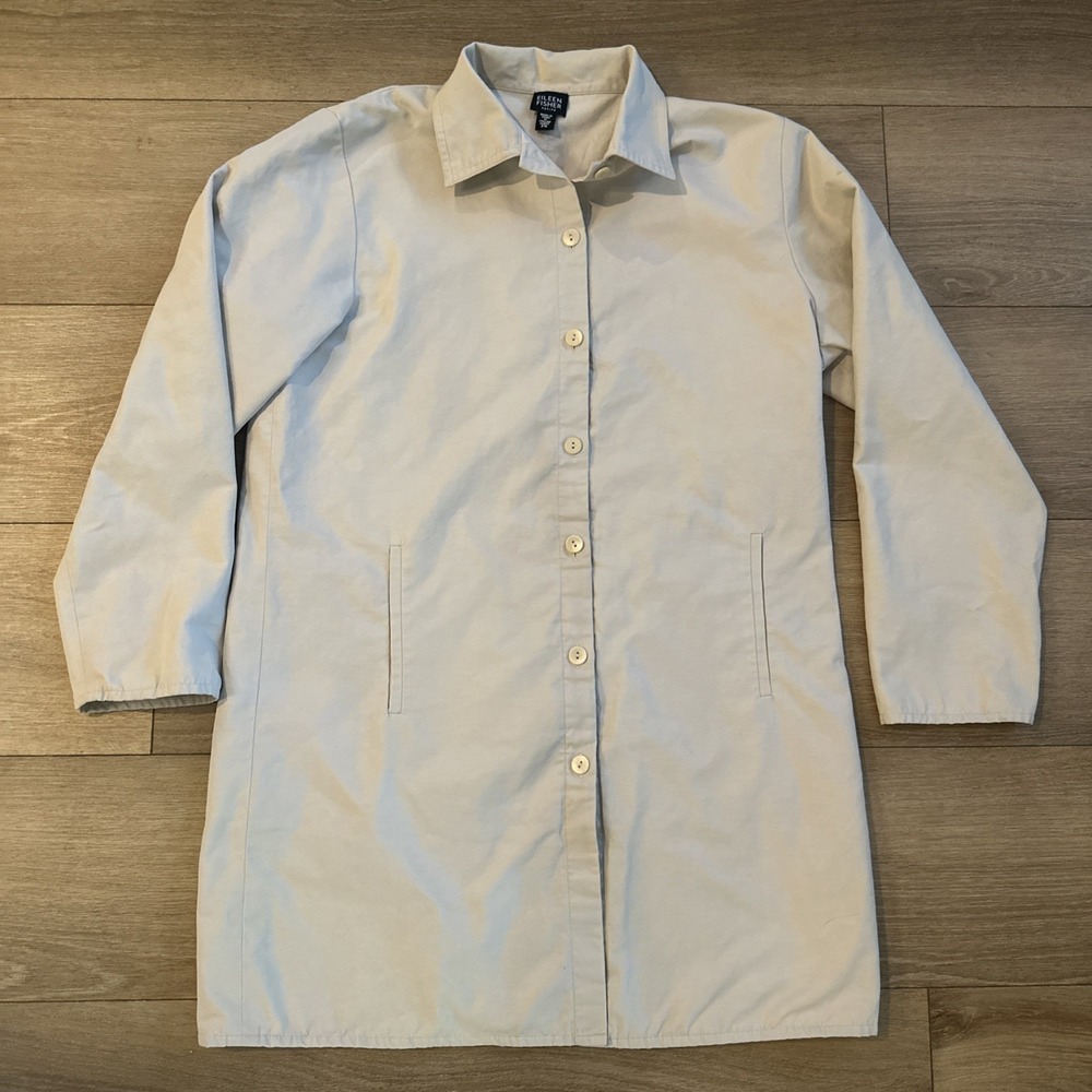 Eileen Fisher Petite Small Women's Trench Coat Jacket Button Up Beige Designer *